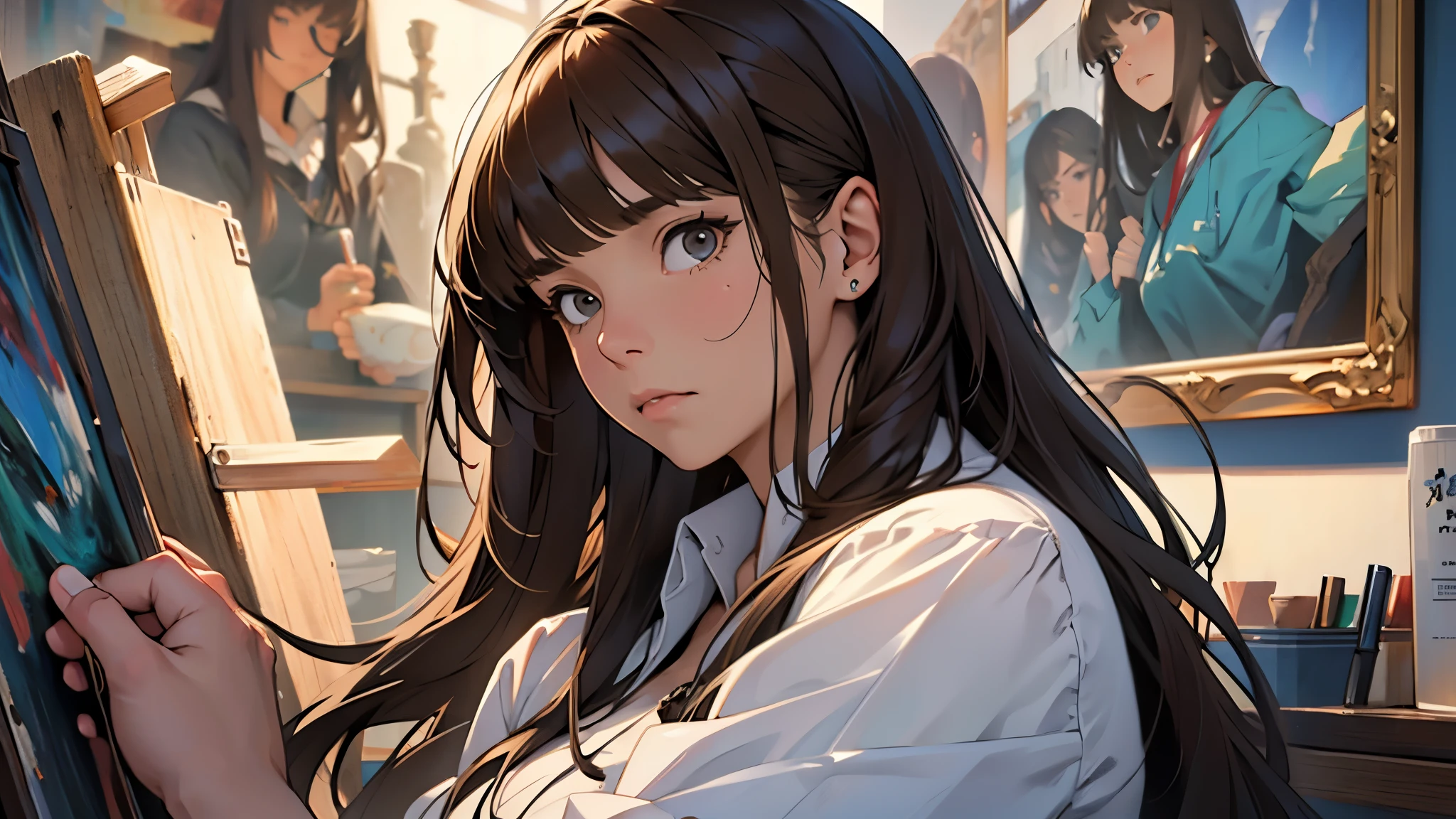 ((best quality)), ((work of art)), ((detailed)), woman, long brown hair with bangs, sad expression