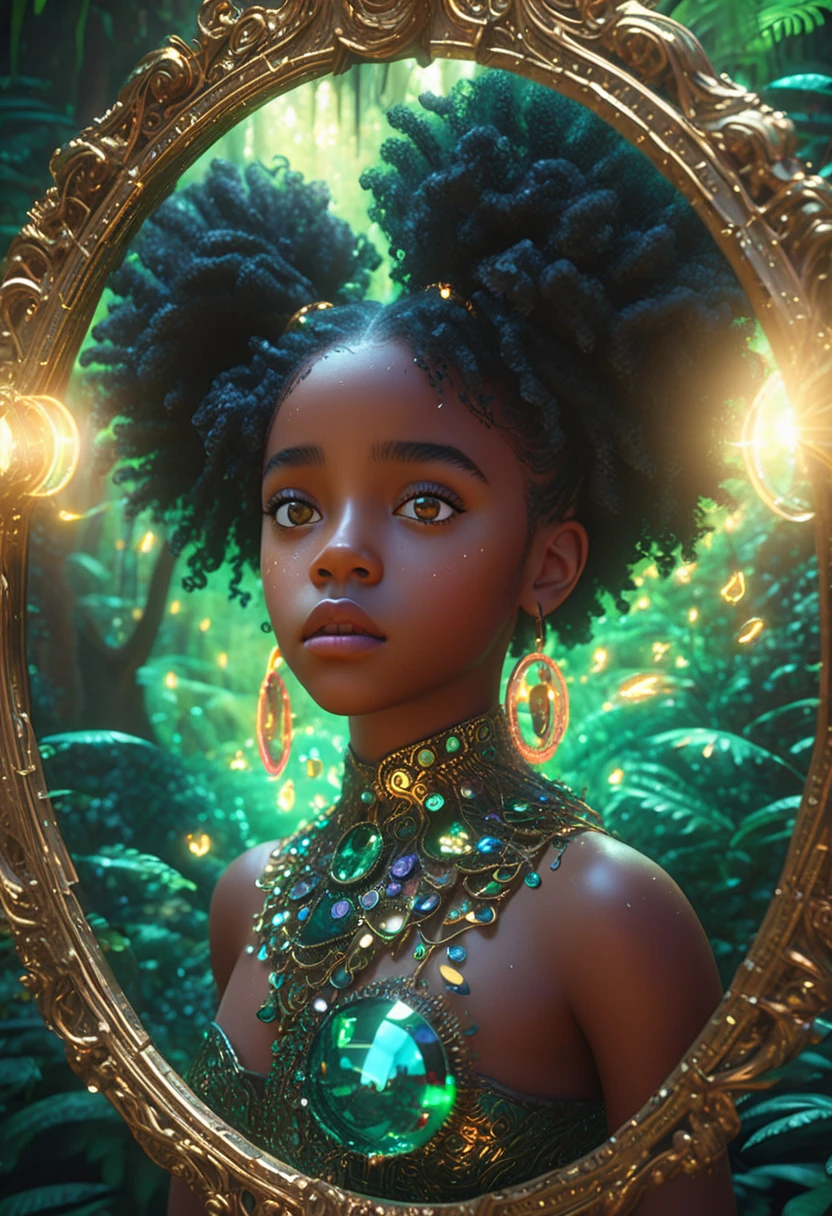 A stunning 3D render of surrealism art set against a lush, emerald forest backdrop, where dappled sunlight filters through dense foliage. One black young girl, her afro-puffs adorned with twinkling beads, gazes in awe at a majestic, mature black woman reflected in a gilded, ornate mirror. Exaggerated facial features, intricate skin textures, and vibrant, neon colors create a dreamlike atmosphere, amplified by a dramatic ring light. Rendered using Unreal Engine, Octane Engine, and V-Ray, this cinematic scene embodies the whimsy and fantasy of Pixar-esque animation.