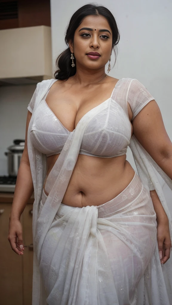 extreme close up photo of sexy mahie gill, front view, curvy, white see through saree, in kitchen, French braid hair Indian women very large gigantic breasts,)) wearing saree. She is wearing Indian designer purple saree blouse, her huge large gigantic beautiful breasts Coming out of her Her she is showcasing her deep huge cleavage of huge saggy breasts lying in bed