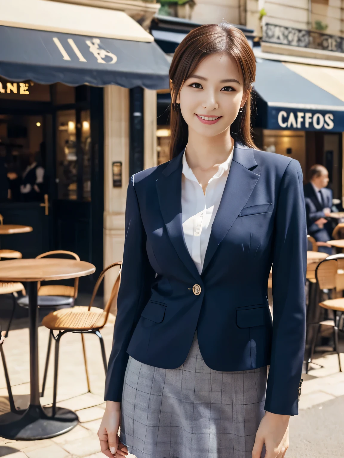 ((table top:1.4, highest quality)), (realistic pictures:1.4),
((1 girl)),
(超High resolution:1.2), very delicate and beautiful, wonderful,
Highly detailed CG Unity 8k wallpaper, Super detailed, High resolution, soft light,
beautiful detailed girl, highly detailed eyes and face, beautifully detailed nose, beautiful and detailed eyes,
(navy blue business suit, skirt:1.4),
cinematic lighting, perfect anatomy, slender body, thin chest,
(Stand in front of a fashionable café in Paris:1.3), (daytime:1.4), (outdoors:1.3),
cowboy shot, looking at the viewer, smile, Random body orientation,