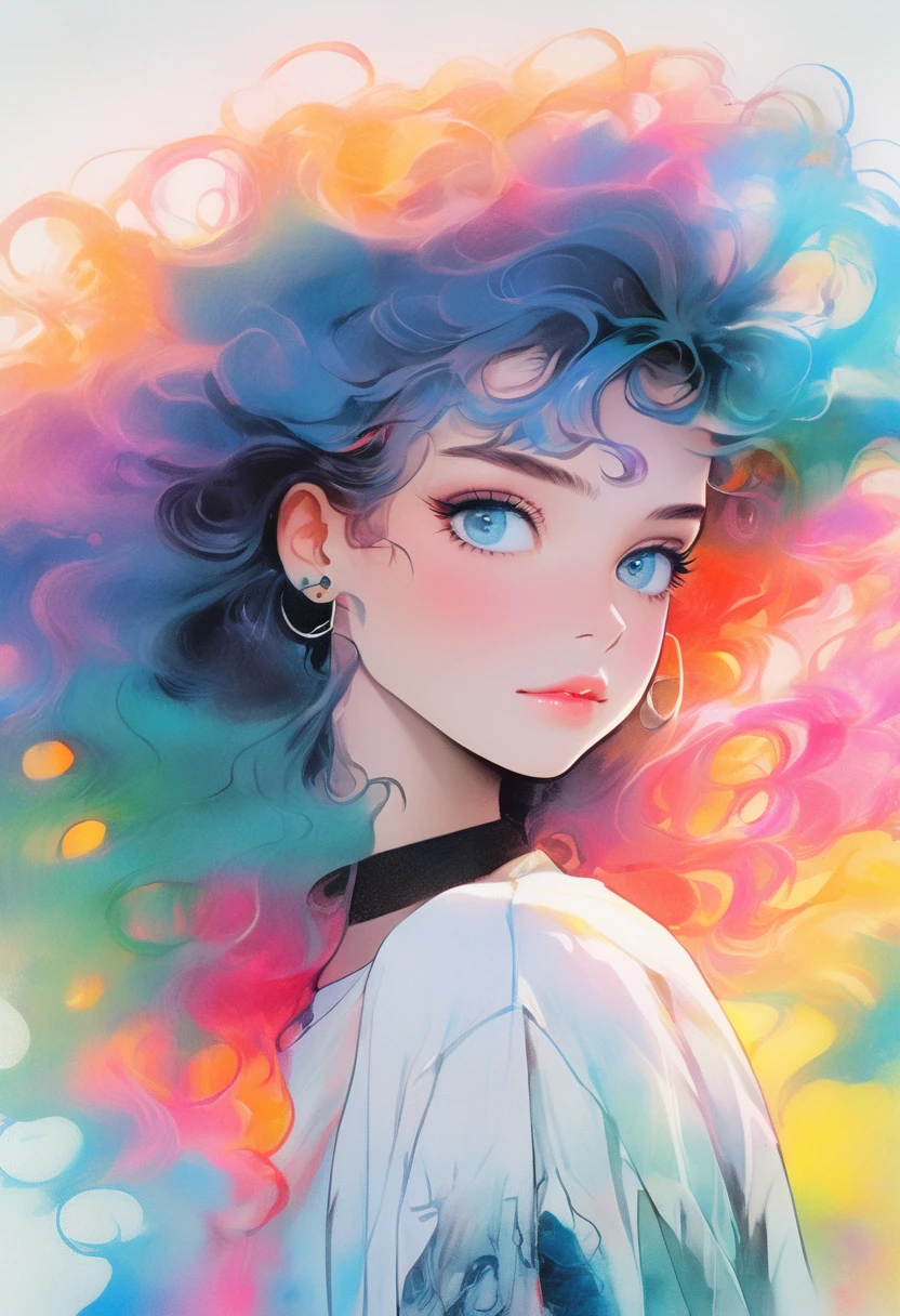 best quality,watercolor,ink,Oil Pen,painting,Upper body portrait,The original essence of the tattoo street style icon,Rebellious energy,Wear an oversized t-shirt with a logo,Vibrant graffiti as background,Avant-garde fashion,Feeling,Confident appearance,Colorful hair,light through the mist,(1 girl),Long curly hair,blue eyes,A small smile
