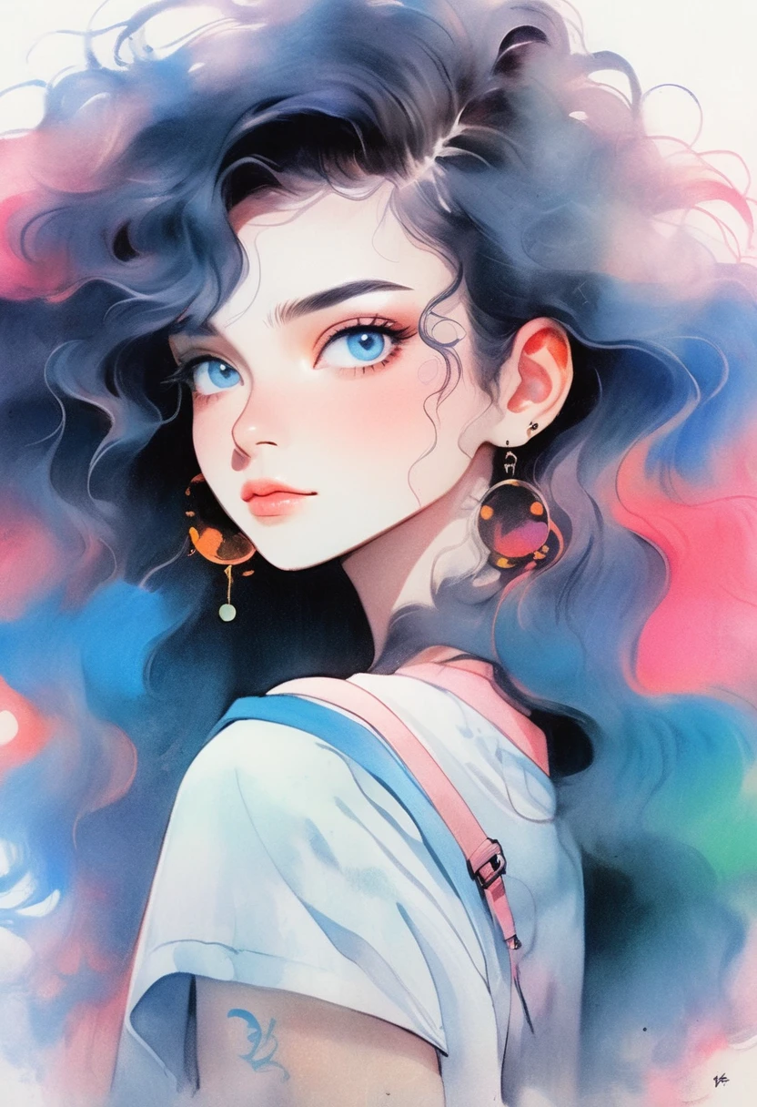 best quality，watercolor，ink，Oil Pen，painting，Upper body portrait，The original essence of the tattoo street style icon，Rebellious energy，Wear an oversized t-shirt with a logo，Vibrant graffiti as background，Avant-garde fashion，Feeling，Confident appearance，Colorful hair，light through the mist，（1 girl），Long curly hair，blue eyes，A small smile