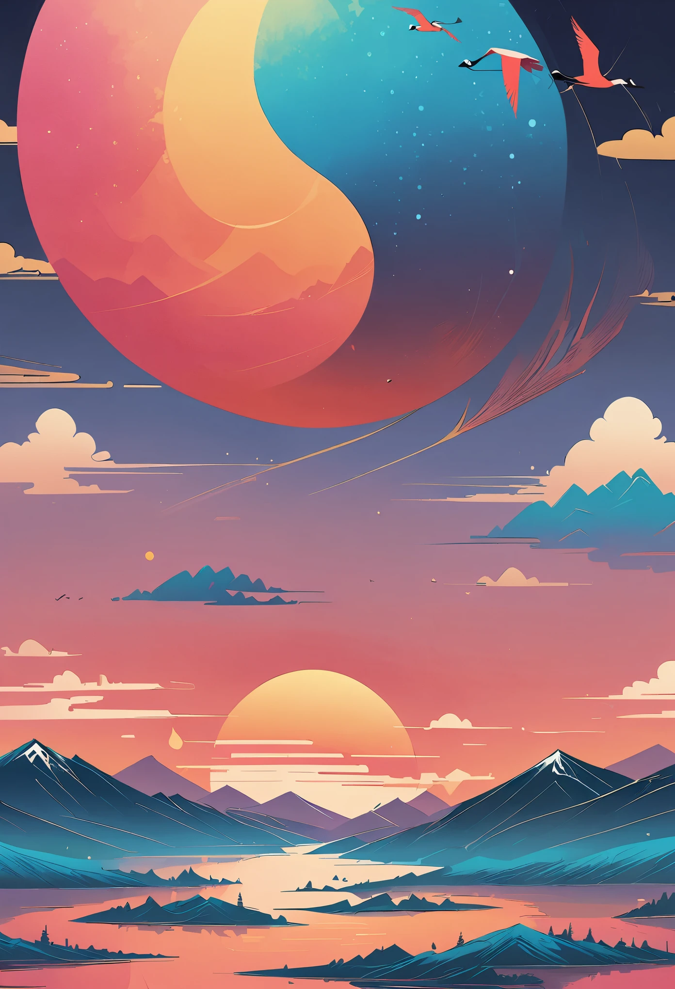 pine，Thousand Miles of Rivers and Mountains，Flying cranes，Lacquer、Comfort、Mountains，Gold Leaf，The minimalist composition of Chinese landscape painting、Red sky pure color