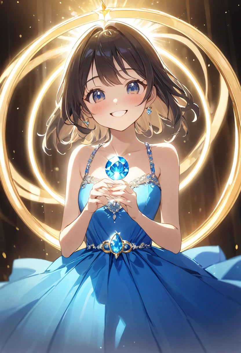 A shining ring placed in the center、Beautiful girl looking at the ring、Great smile、Bright smile、Blue half dress、