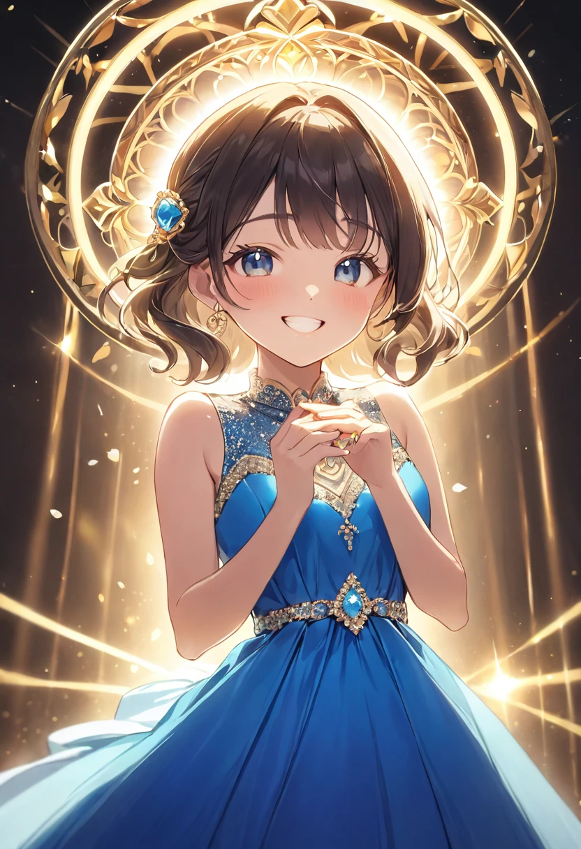 A shining ring placed in the center、Beautiful girl looking at the ring、Great smile、Bright smile、Blue half dress、