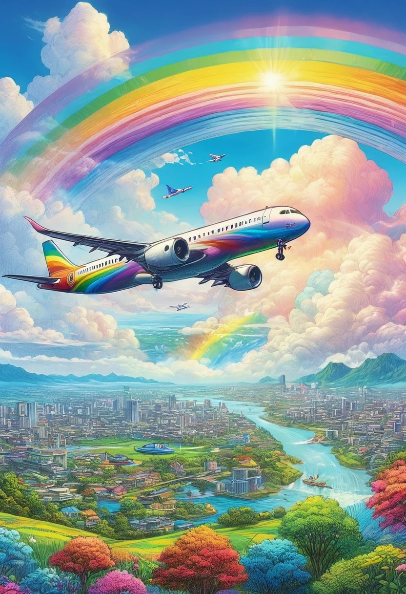A world full of rainbow colors、Rainbow Airplane、A plane flying in a rainbow sky,colorful,Beautiful rainbow clouds,wonderful景色,Utopia,An atmosphere full of dreams and hope,masterpiece.16K, Ultra-high resolution, Ultra-high resolution, to be born,wonderful ,future、Iridescent、The world 30 years from now。
