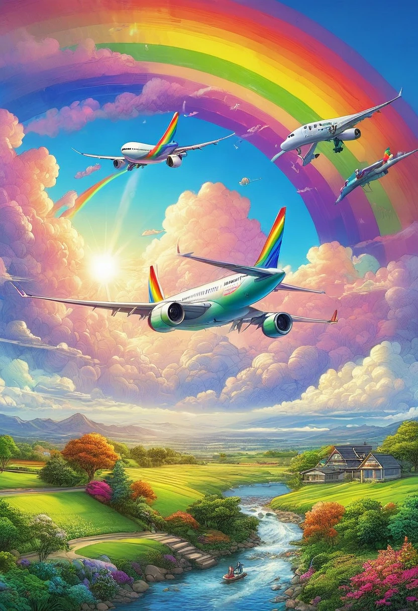 A world full of rainbow colors、Rainbow Airplane、A plane flying in a rainbow sky,colorful,Beautiful rainbow clouds,wonderful景色,Utopia,An atmosphere full of dreams and hope,masterpiece.16K, Ultra-high resolution, Ultra-high resolution, to be born,wonderful ,future、Iridescent、The world 30 years from now。