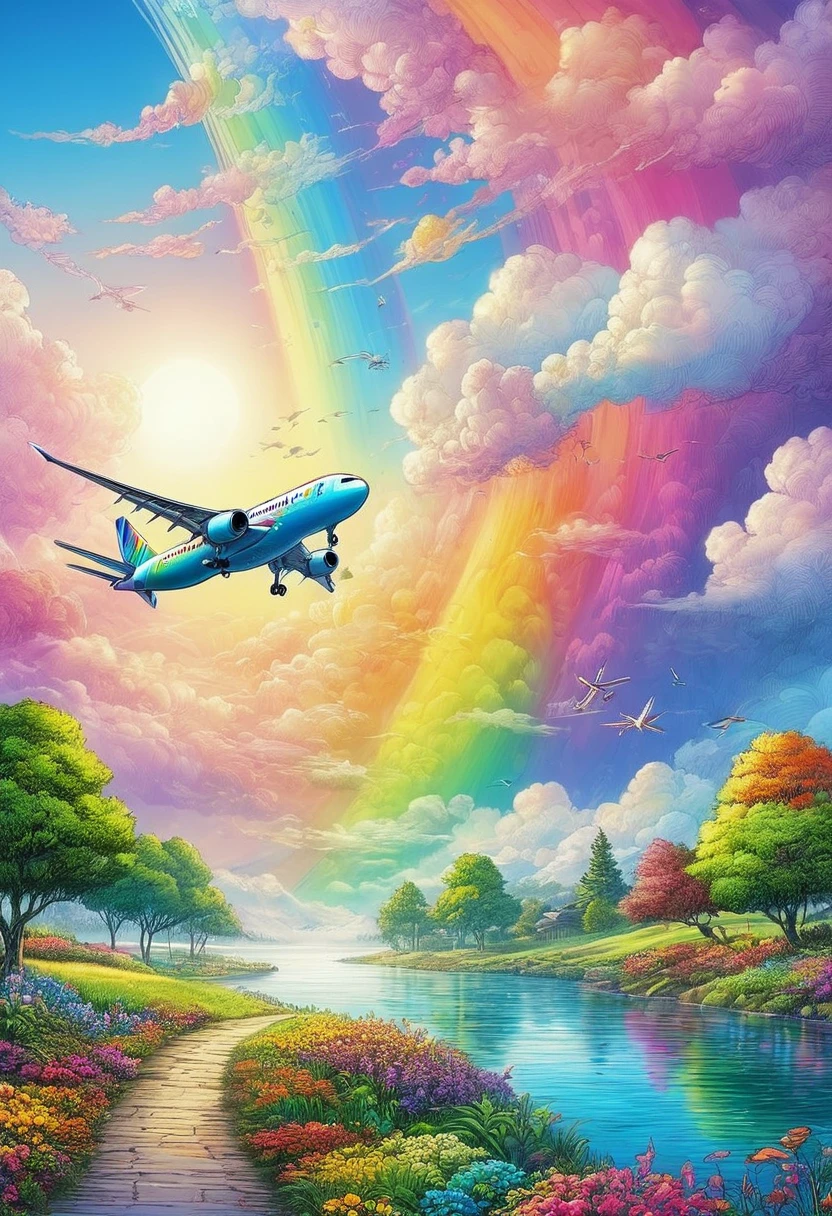 A world full of rainbow colors、Rainbow Airplane、A plane flying in a rainbow sky，colorful，Beautiful rainbow clouds，wonderful景色，Utopia，An atmosphere full of dreams and hope，masterpiece．16K, Ultra-high resolution, Ultra-high resolution, to be born,wonderful ,future、Iridescent、The world 30 years from now。