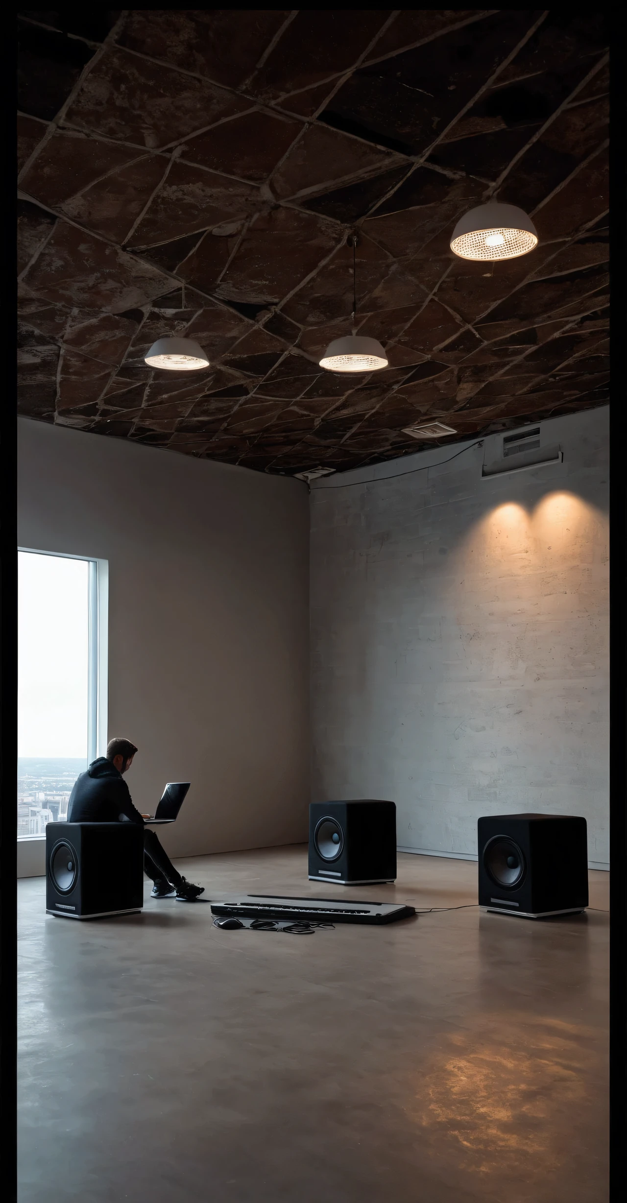 Large room at the top of a building with a laptop and two speakers on the floor, view of the city from a large window, On a cloudy day 