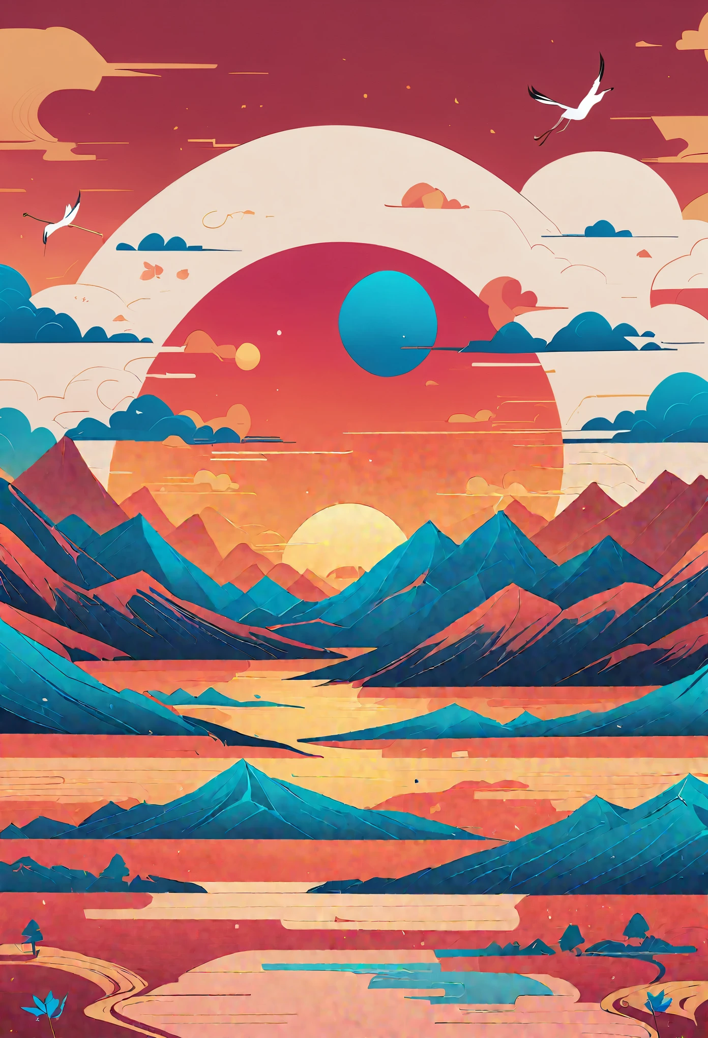 pine，Thousand Miles of Rivers and Mountains，Flying cranes，Lacquer、Comfort、Mountains，Gold Leaf，The minimalist composition of Chinese landscape painting、Red sky pure color