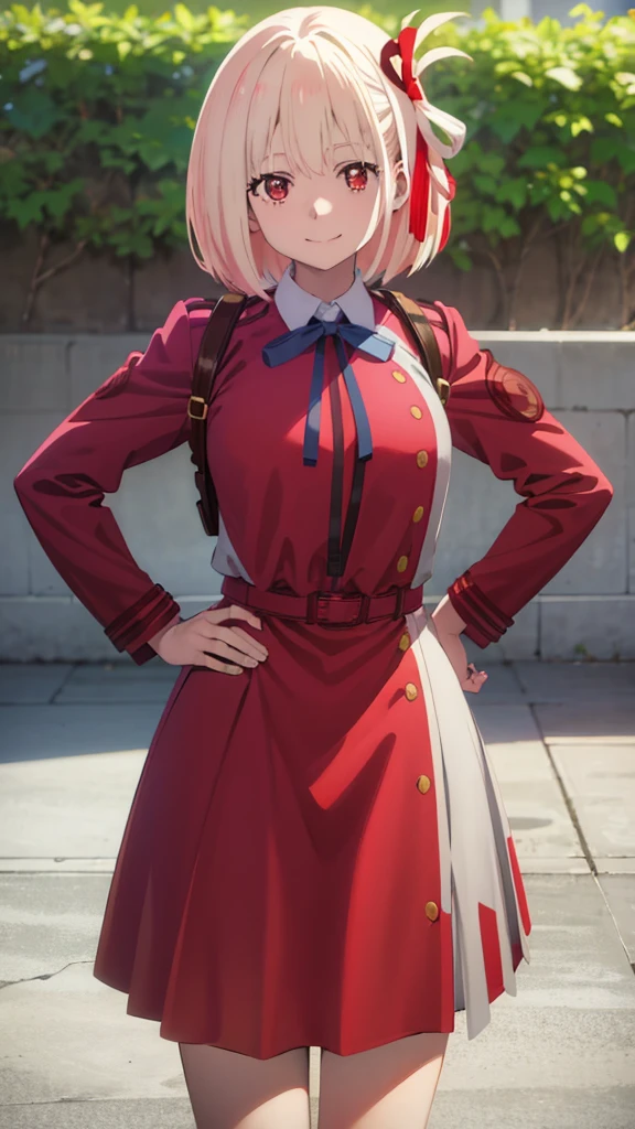 (art by hews:0.8), cowboy shot, solo, 1girl, nishikigi chisato, smile, looking at viewer, hands on hips, bob cut, hair ribbon, lycoris uniform, two-tone dress, red dress, grey dress, neck ribbon, long sleeves