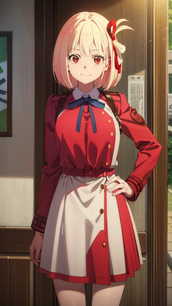 (art by hews:0.8), cowboy shot, solo, 1girl, nishikigi chisato, smile, looking at viewer, hands on hips, bob cut, hair ribbon, lycoris uniform, two-tone dress, red dress, grey dress, neck ribbon, long sleeves