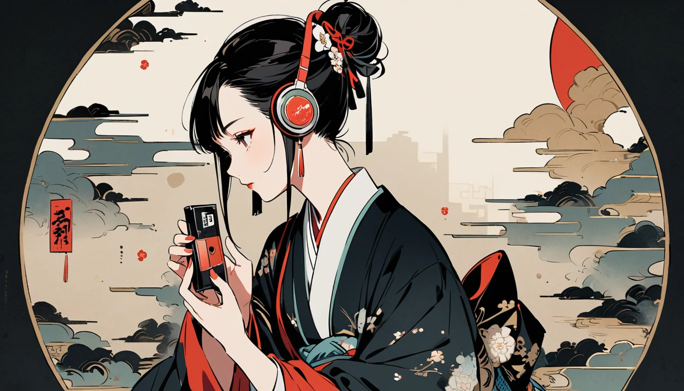 Facing forward, Ink Painting, 1 girl, Tattoo on face, sunglasses, Japanese style headphones, beautiful girl, Black Hair, Holding a cassette tape with both hands, Delicate and precise, Modern ukiyo-e style, Multicolored background