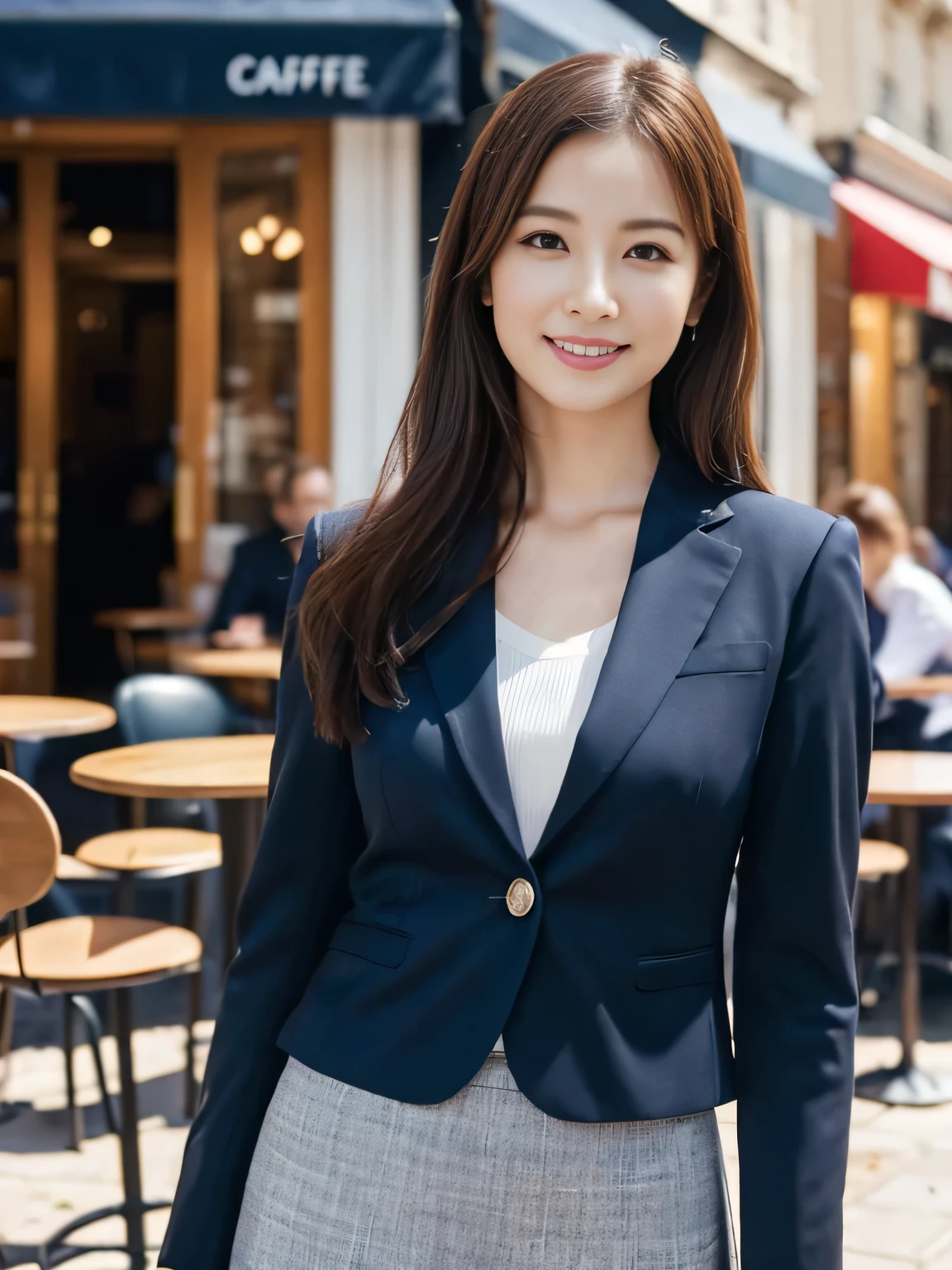 ((table top:1.4, highest quality)), (realistic pictures:1.4), 
((1 girl)), 
(超High resolution:1.2), very delicate and beautiful, wonderful, 
Highly detailed CG Unity 8k wallpaper, Super detailed, High resolution, soft light, 
beautiful detailed girl, highly detailed eyes and face, beautifully detailed nose, beautiful and detailed eyes, 
(navy blue business suit, skirt:1.4),
cinematic lighting, perfect anatomy, slender body, thin chest,
(Stand in front of a fashionable café in Paris:1.3), (daytime:1.4), (outdoors:1.3), 
cowboy shot, looking at the viewer, smile, Random body orientation,