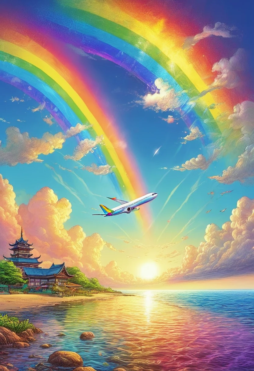 A world full of rainbow colors、Rainbow Airplane、A plane flying in a rainbow sky,colorful,Beautiful rainbow clouds,wonderful景色,Utopia,An atmosphere full of dreams and hope,masterpiece.16K, Ultra-high resolution, Ultra-high resolution, to be born,wonderful ,future、Iridescent、The world 30 years from now。