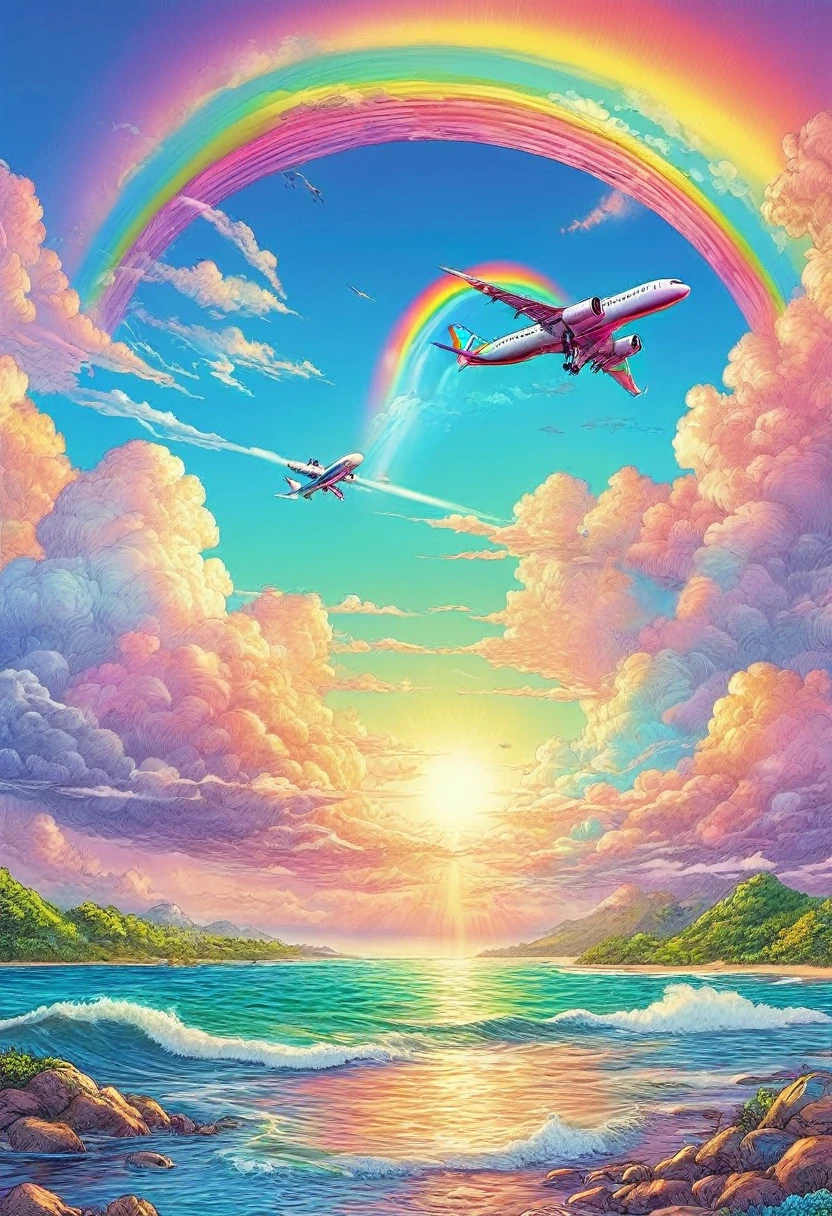 A world full of rainbow colors、Rainbow Airplane、A plane flying in a rainbow sky，colorful，Beautiful rainbow clouds，wonderful景色，Utopia，An atmosphere full of dreams and hope，masterpiece．16K, Ultra-high resolution, Ultra-high resolution, to be born,wonderful ,future、Iridescent、The world 30 years from now。