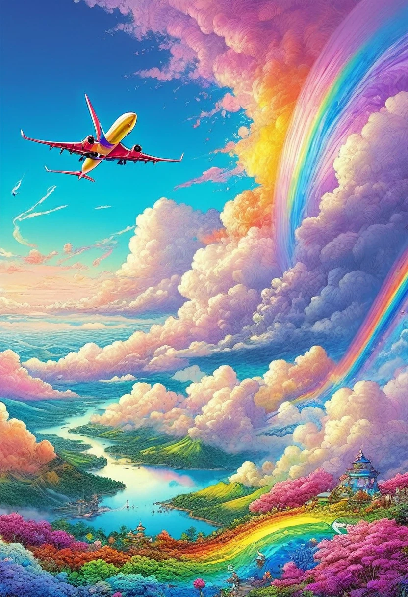 A world full of rainbow colors、Rainbow Airplane、A plane flying in a rainbow sky,colorful,Beautiful rainbow clouds,wonderful景色,Utopia,An atmosphere full of dreams and hope,masterpiece.16K, Ultra-high resolution, Ultra-high resolution, to be born,wonderful ,future、Iridescent、The world 30 years from now。