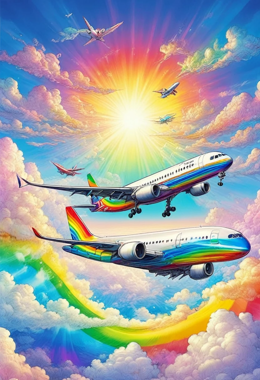 A world full of rainbow colors、Rainbow Airplane、A plane flying in a rainbow sky,colorful,Beautiful rainbow clouds,wonderful景色,Utopia,An atmosphere full of dreams and hope,masterpiece.16K, Ultra-high resolution, Ultra-high resolution, to be born,wonderful ,future、Iridescent、The world 30 years from now。