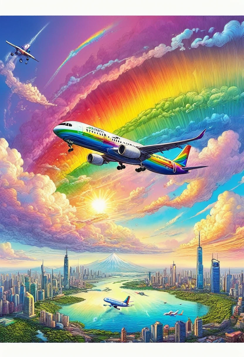 A world full of rainbow colors、Rainbow Airplane、A plane flying in a rainbow sky，colorful，Beautiful rainbow clouds，wonderful景色，Utopia，An atmosphere full of dreams and hope，masterpiece．16K, Ultra-high resolution, Ultra-high resolution, to be born,wonderful ,future、Iridescent、The world 30 years from now。