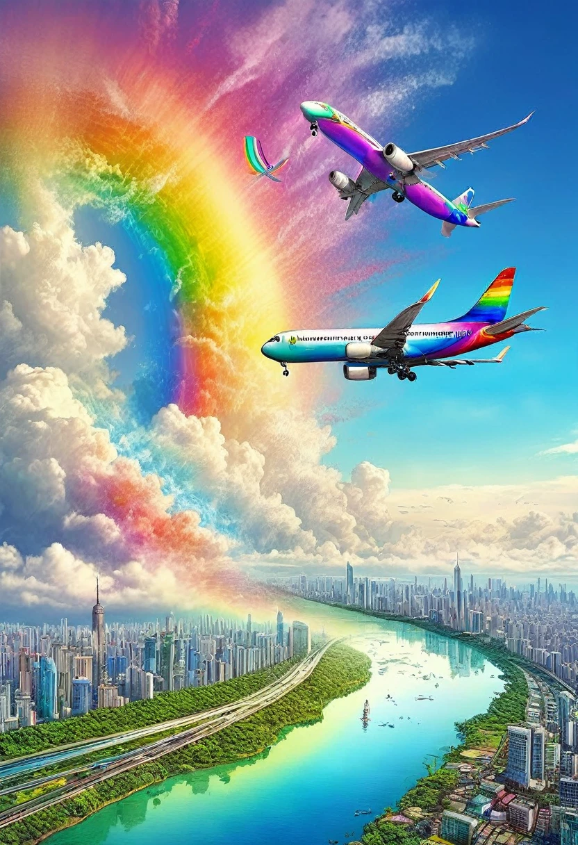 A world full of rainbow colors、Rainbow Airplane、A plane flying in a rainbow sky，colorful，Beautiful rainbow clouds，wonderful景色，Utopia，An atmosphere full of dreams and hope，masterpiece．16K, Ultra-high resolution, Ultra-high resolution, to be born,wonderful ,future、Iridescent、The world 30 years from now。