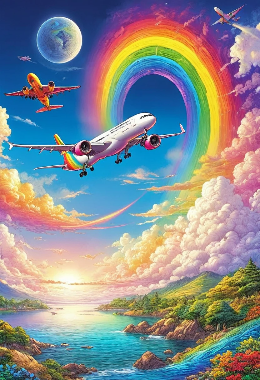 A world full of rainbow colors、Rainbow Airplane、A plane flying in a rainbow sky，colorful，Beautiful rainbow clouds，wonderful景色，Utopia，An atmosphere full of dreams and hope，masterpiece．16K, Ultra-high resolution, Ultra-high resolution, to be born,wonderful ,future、Iridescent、The world 30 years from now。