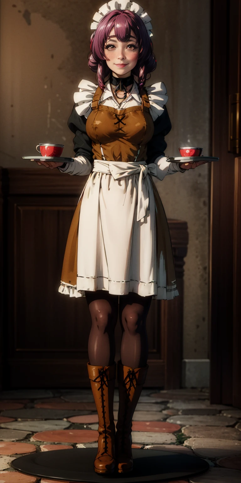 full body standing straight symmetrical, lustful smirking smile face red blush red cheeks, looking at viewer, holding tray, braid, maid headdress, maid, dress, apron, long sleeves, brown pantyhose, long leather militar boots, thighs, long white hair, masterpiece