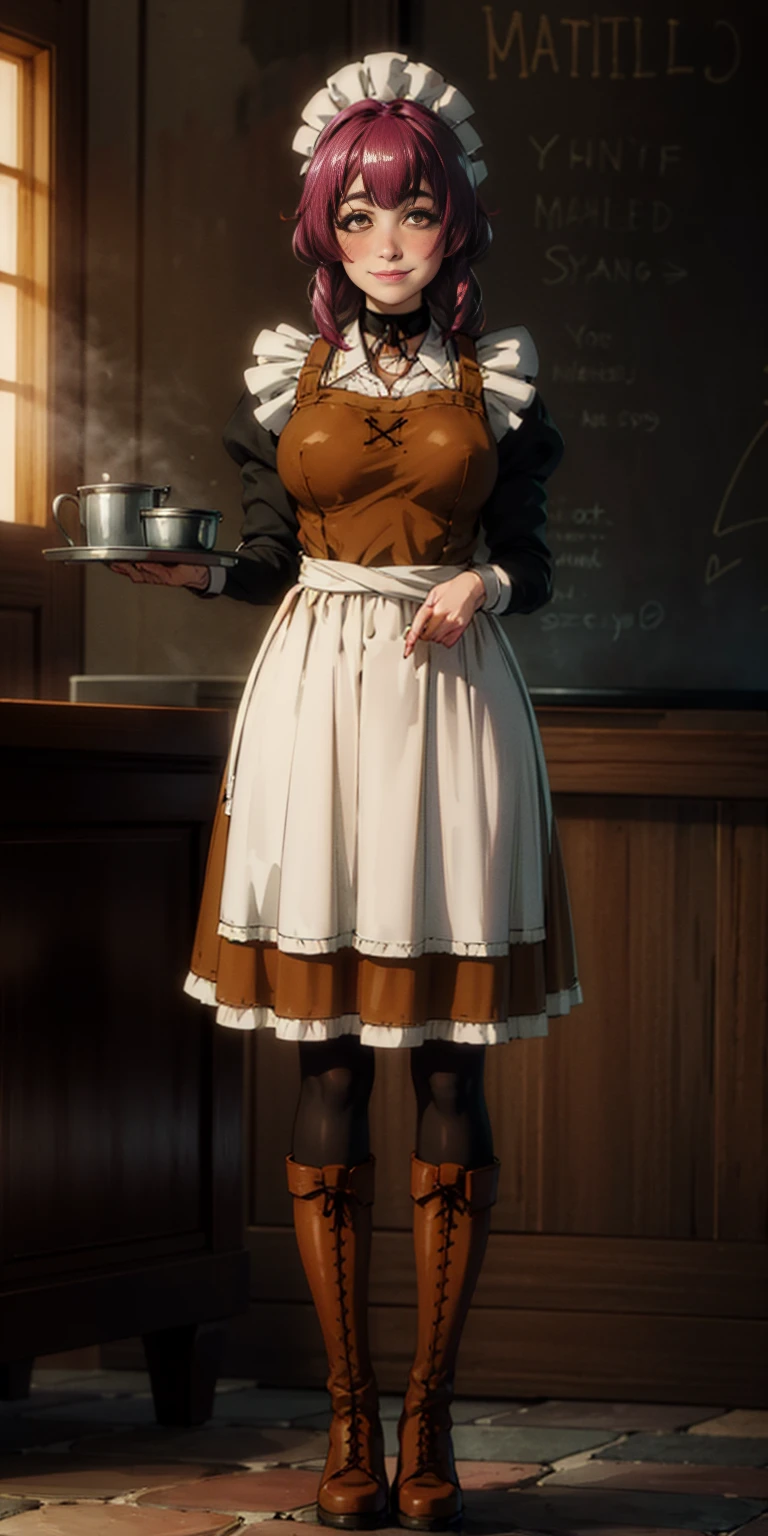 full body standing straight symmetrical, lustful smirking smile face red blush red cheeks, looking at viewer, holding tray, braid, maid headdress, maid, dress, apron, long sleeves, brown pantyhose, long leather militar boots, thighs, long white hair, masterpiece