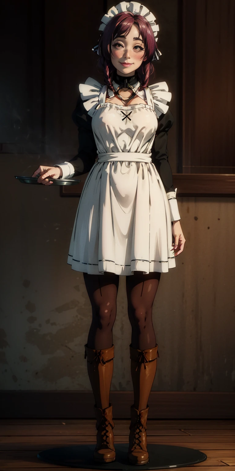 full body standing straight symmetrical, lustful smirking smile face red blush red cheeks, looking at viewer, holding tray, braid, maid headdress, maid, dress, apron, long sleeves, brown pantyhose, long leather militar boots, thighs, long white hair, masterpiece