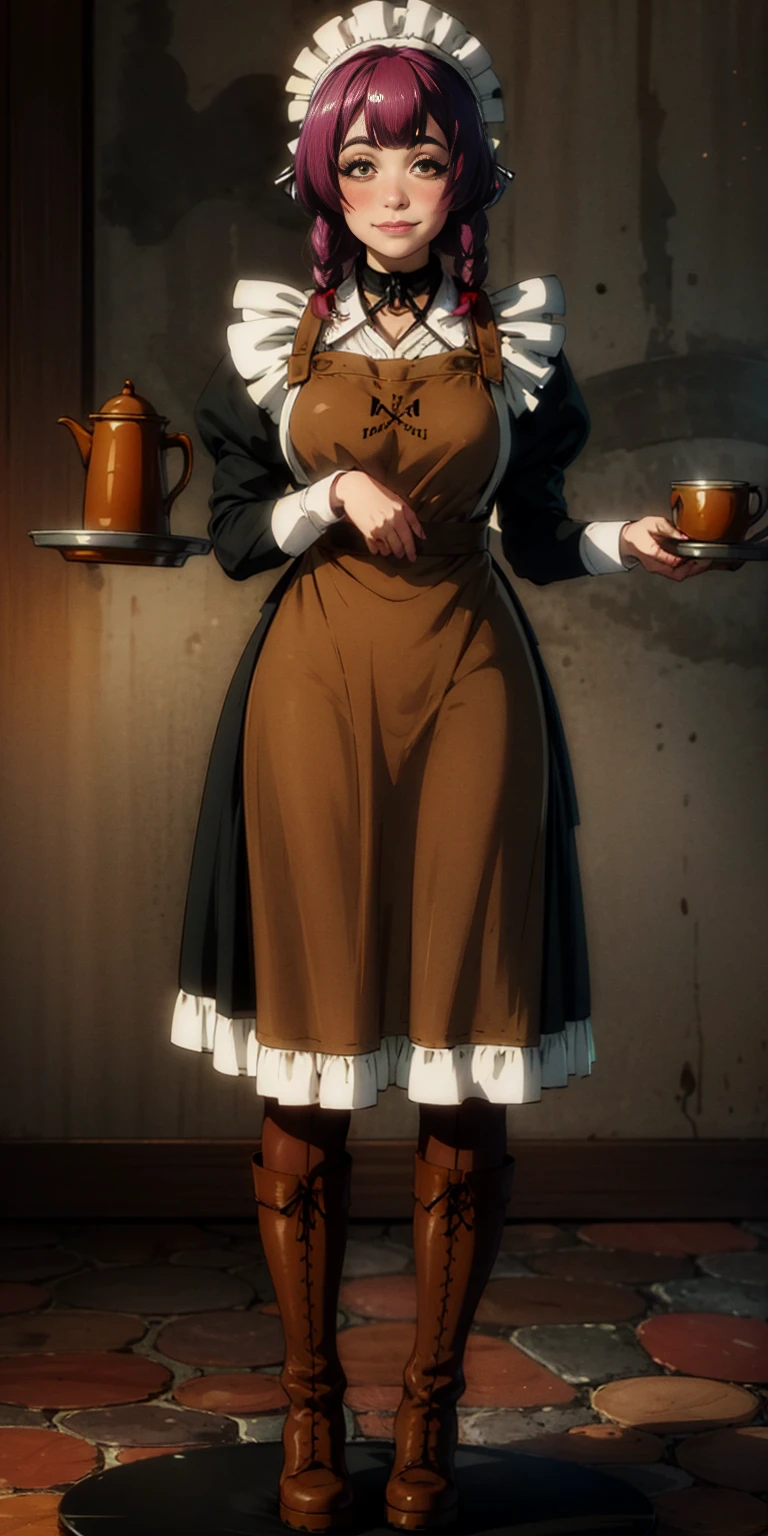 full body standing straight symmetrical, lustful smirking smile face red blush red cheeks, looking at viewer, holding tray, braid, maid headdress, maid, dress, apron, long sleeves, brown pantyhose, long leather militar boots, thighs, long white hair, masterpiece