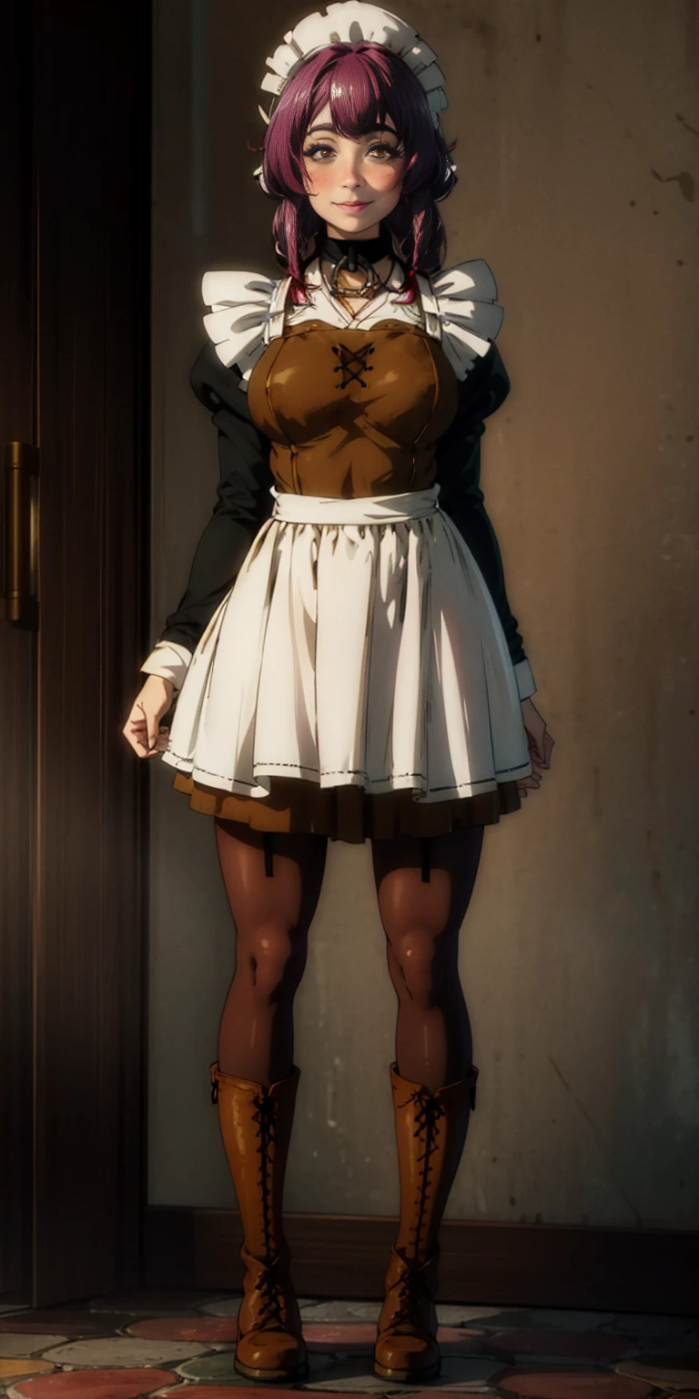 full body standing straight symmetrical, lustful smirking smile face red blush red cheeks, looking at viewer, holding tray, braid, maid headdress, maid, dress, apron, long sleeves, brown pantyhose, long leather militar boots, thighs, long white hair, masterpiece