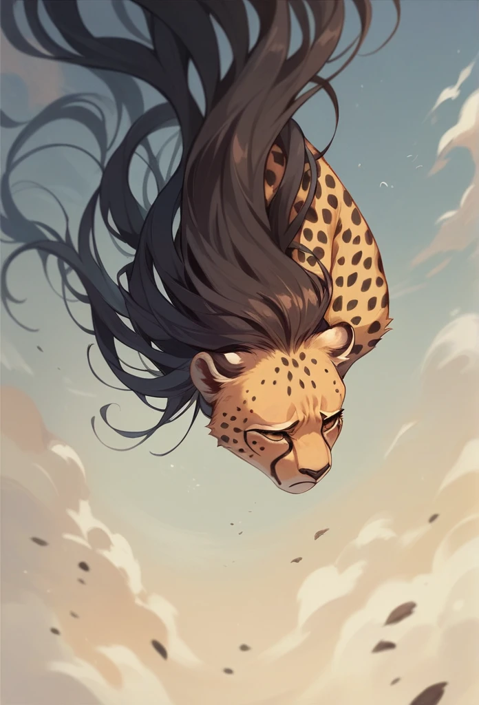 Felina loira, black spots, cheetah, long hair covering the naked body, falling from the sky, sad face, realisitic. 品質