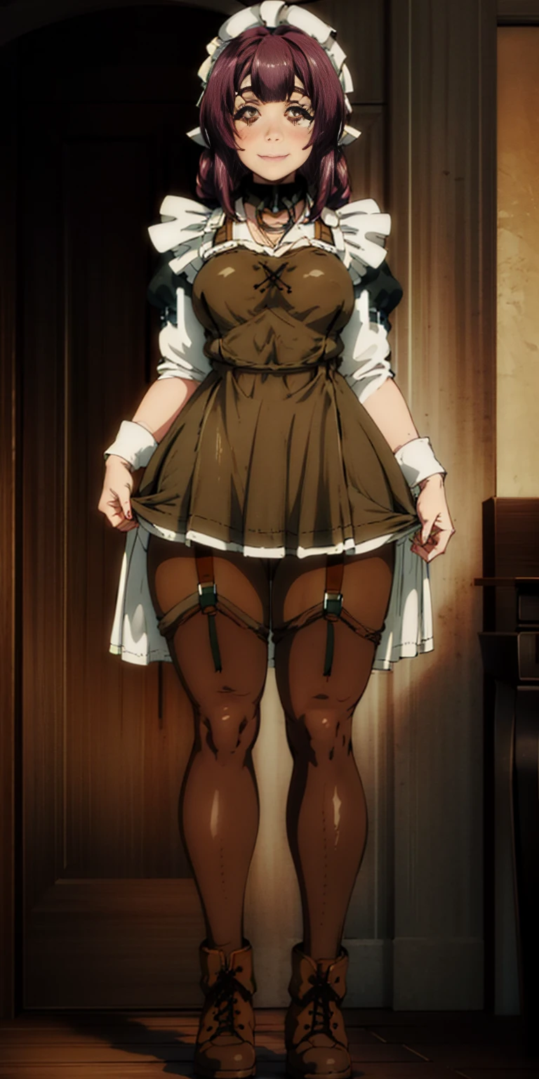 full body standing straight symmetrical, ful smirking smile face red blush red cheeks, looking at viewer, holding tray, braid, maid headdress, maid, dress, apron, long sleeves, brown pant, long leather militar boots, thighs, long white hair, masterpiece