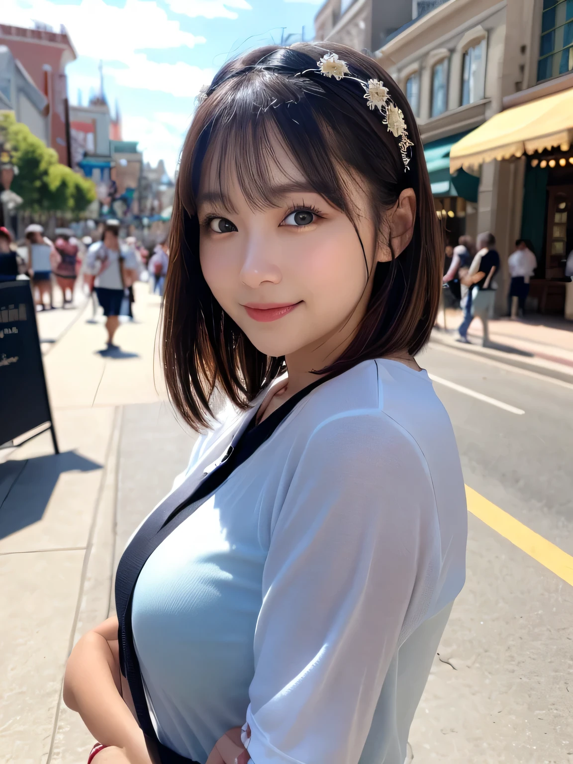 Very detailed CG Unity 8K 壁紙, Highest quality, Very detailed, masterpiece, Realistic, Realistic, Very detailed Japanese cute girls, (32 years), blush, Round eyes, Thick eyebrow chest,   High resolution raw color photos, Professional photos, Portrait of sexy girl、Anatomically correct body shape、Healthy body shape、Brown short hair、smile、Write your hair、Front view、Show your side、Avoid the same pose、The whole body is shown、Female announcer、Mature Woman、Pictured alone、Has bangs、Neat clothes、City、bustling street、The whole body is shown、Disneyland、In detail、Wearing a headband