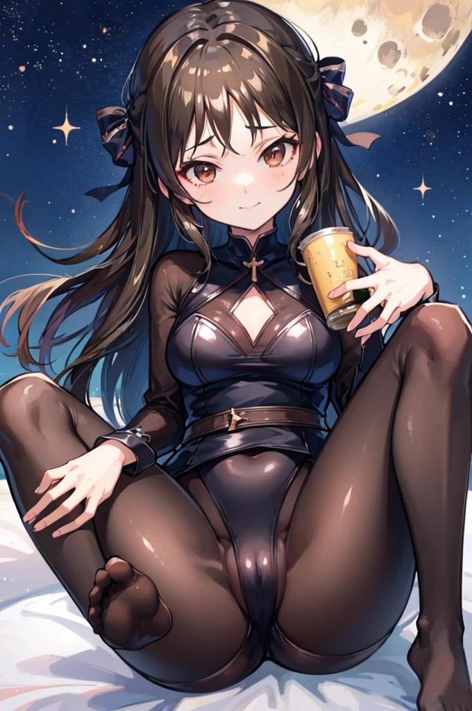 Highest quality Highest quality Draw a face carefully High-definition anime-style face Super Glowing Skin Long black hair Brown leotard Golden pantyhose Succubus lure smile sit Show the soles of your feet Close up of the soles of the feet