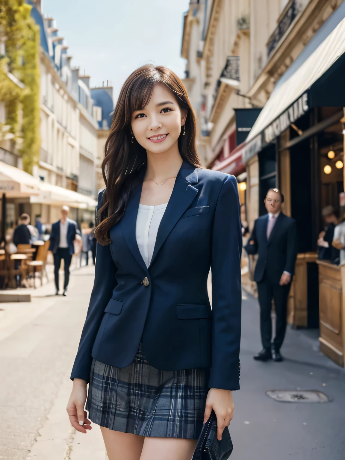 ((table top:1.4, highest quality)), (realistic pictures:1.4),
((1 girl)),
(超High resolution:1.2), very delicate and beautiful, wonderful,
Highly detailed CG Unity 8k wallpaper, Super detailed, High resolution, soft light,
beautiful detailed girl, highly detailed eyes and face, beautifully detailed nose, beautiful and detailed eyes,
(navy blue business suit, skirt:1.4),
cinematic lighting, perfect anatomy, slender body, thin chest,
(Stand in front of a fashionable café in Paris:1.3), (daytime:1.4), (outdoors:1.3),
cowboy shot, looking at the viewer, smile, Random body orientation,