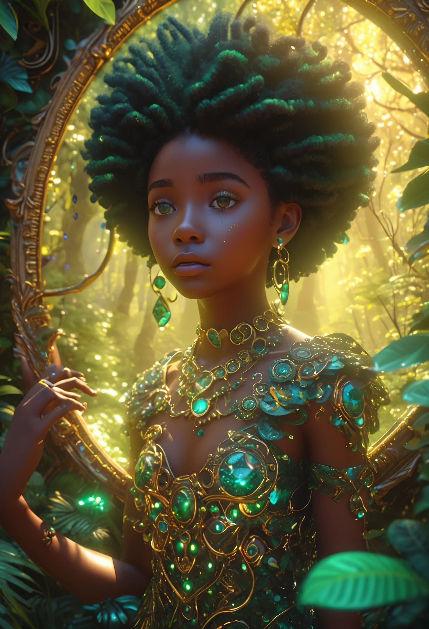 A stunning 3D render of surrealism art set against a lush, emerald forest backdrop, where dappled sunlight filters through dense foliage. One black young girl, her afro-puffs adorned with twinkling beads, gazes in awe at a majestic, mature black woman reflected in a gilded, ornate mirror. Exaggerated facial features, intricate skin textures, and vibrant, neon colors create a dreamlike atmosphere, amplified by a dramatic ring light. Rendered using Unreal Engine, Octane Engine, and V-Ray, this cinematic scene embodies the whimsy and fantasy of Pixar-esque animation.