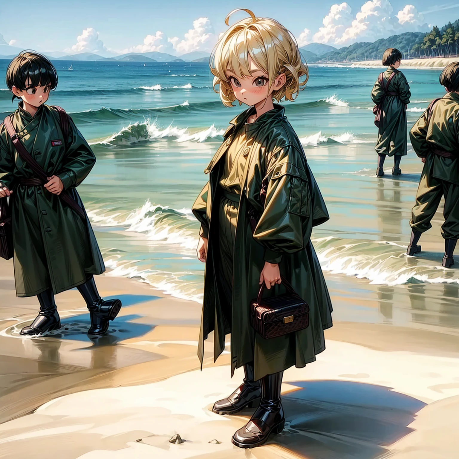 1childern girl, Full body version, 1character, children girl version, black eyes color, bob Curly haircut, blonde colour hair, army style clothing, long skirt, long boots, Grassroots, background in beach, motion blur, (dragon ball style art),