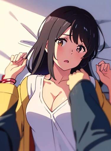 shinkai makoto, kimi no na wa., 1girl, bangs, black hair, brown eyes, worried eyes, open mouth, twisted half up, red ribbon, long hair, long sleeve light yellow cardigan, open shirt, white shirt, cleavage, breast, medium breast, blue pants, name tag written "LUMINE Miyamizu", looking at the viewer, arms up, lying, lying on wall, POV (pov viewer's hands holding girl's wrist), upper body, masterpiece, perfect anatomy, cowboyshot , POV (pov viewer's hands holding girl's wrist)