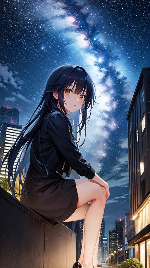 octans, sky, star (sky), scenery, starry sky, night, 1girl, night sky, solo, outdoors, building, cloud, milky way, sitting, tree, long hair, city, silhouette, cityscape, day time