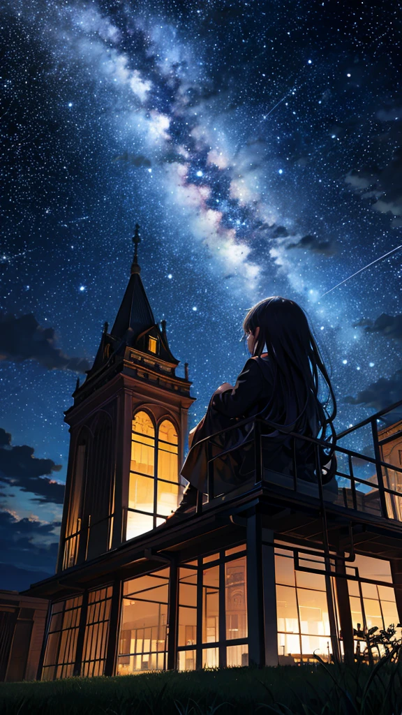 octans, sky, star (sky), scenery, starry sky, night, 1girl, night sky, solo, outdoors, building, cloud, milky way, sitting, tree, long hair, city, silhouette, cityscape, day time