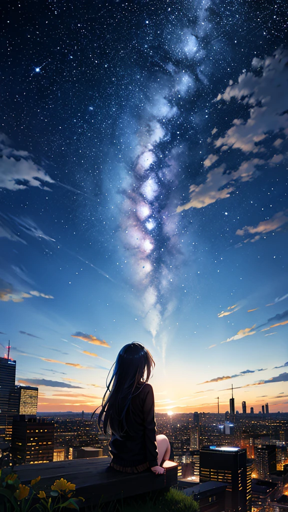 octans, sky, star (sky), scenery, starry sky, night, 1girl, night sky, solo, outdoors, building, cloud, milky way, sitting, tree, long hair, city, silhouette, cityscape, day time