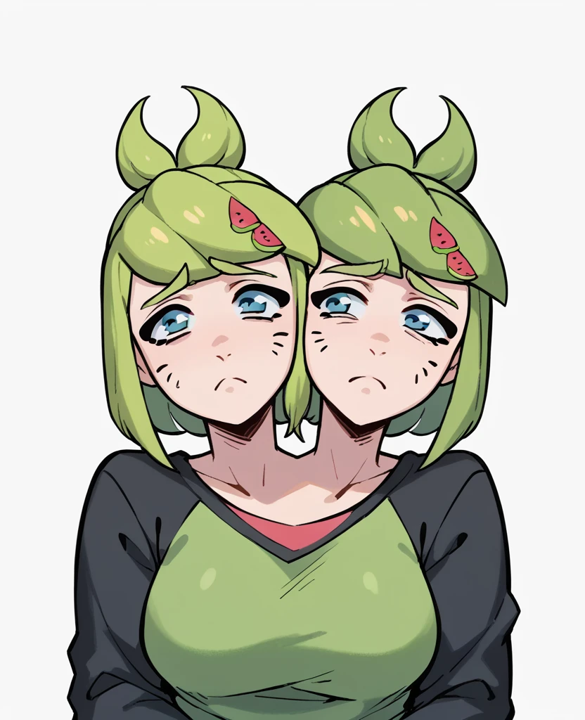 Melony, sad, portrait, green hair, watermelon hair clip, ((two heads))