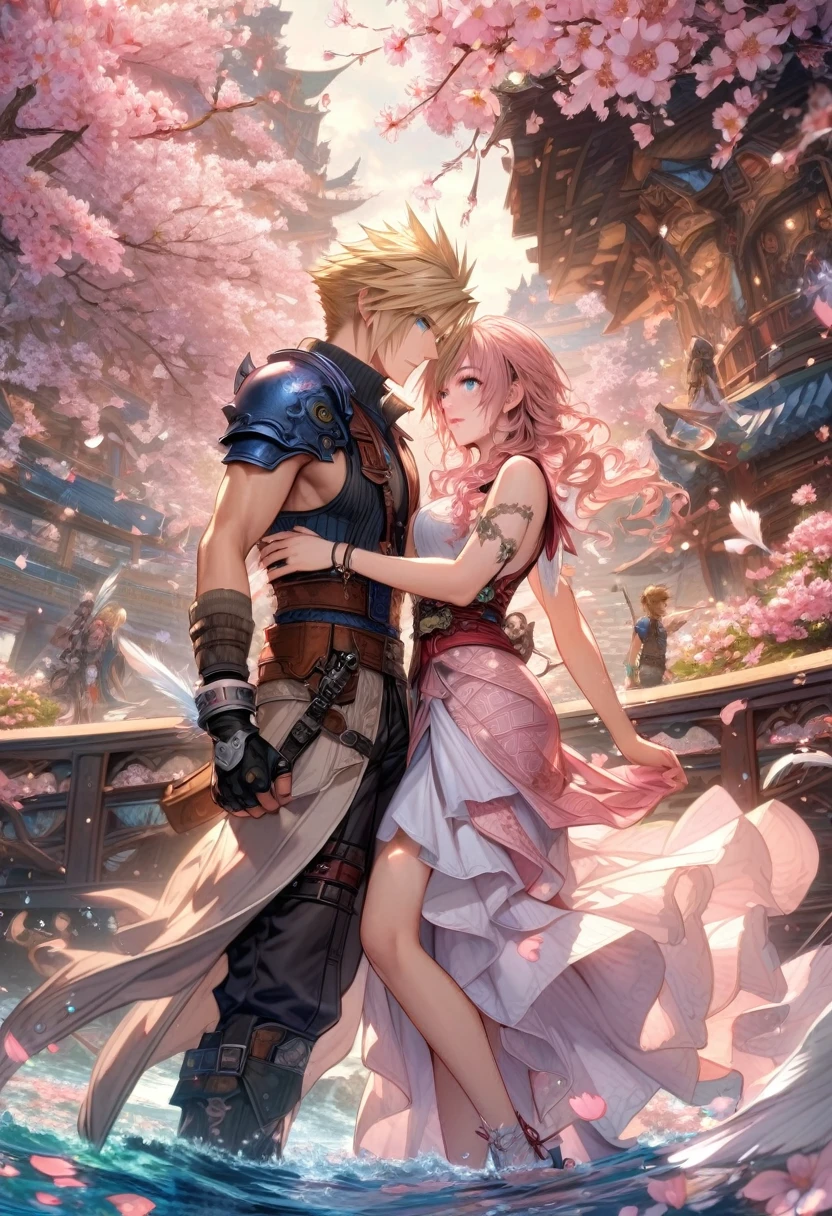 Ultra detailed, HDR, Highres, absurdres, master piece, Claire Farron, wavy pink short hair, expressive aqua pale eyes, Lightning Farron, Final Fantasy XIII, Cloud Strife, blond hair, expressive blue eyes, Final Fantasy VII, a beautiful woman together with a handsome man, couple, love, water, fantasy, magical, white feathers, pink petals, best quality, white and black clothes with patterns, red cape, blossoms, pink flowers, cherry blossoms