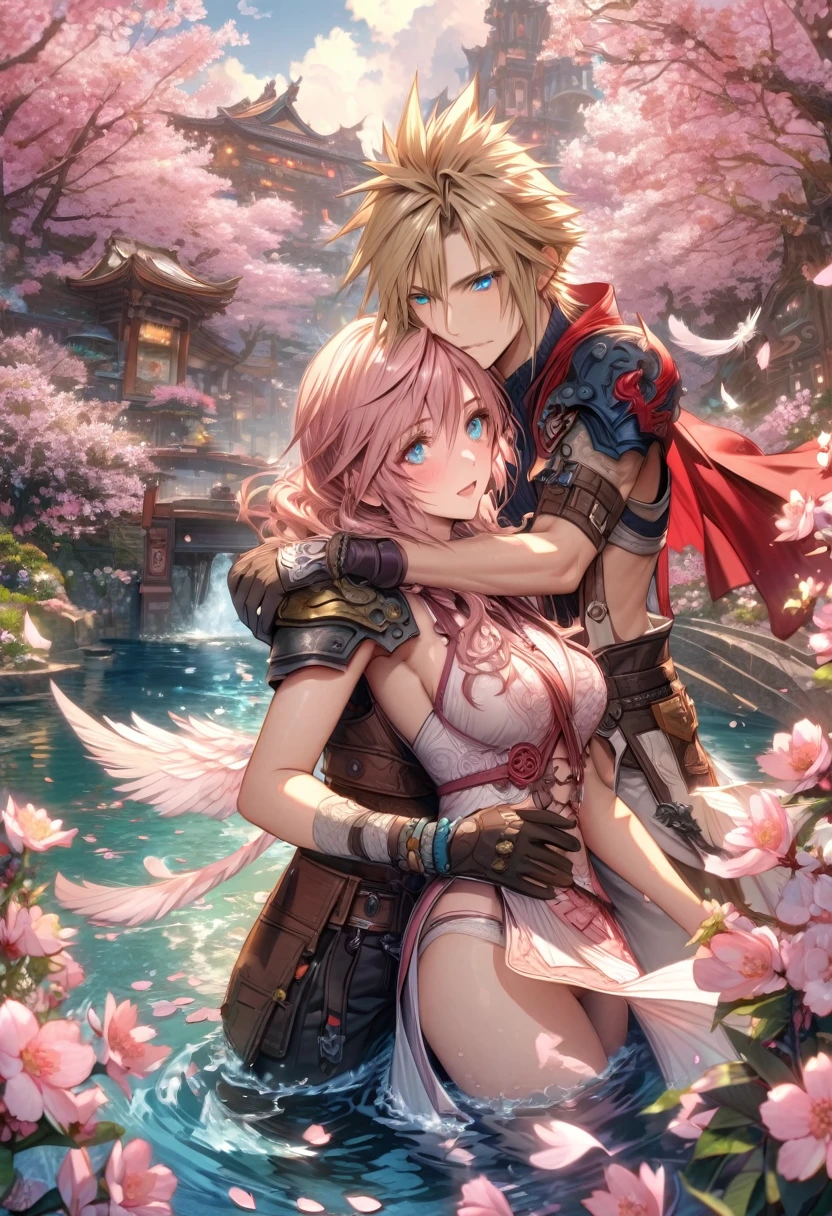 Ultra detailed, HDR, Highres, absurdres, master piece, Claire Farron, wavy pink short hair, expressive aqua pale eyes, Lightning Farron, Final Fantasy XIII, Cloud Strife, blond hair, expressive blue eyes, Final Fantasy VII, a beautiful woman together with a handsome man, couple, love, water, fantasy, magical, white feathers, pink petals, best quality, white and black clothes with patterns, red cape, blossoms, pink flowers, cherry blossoms