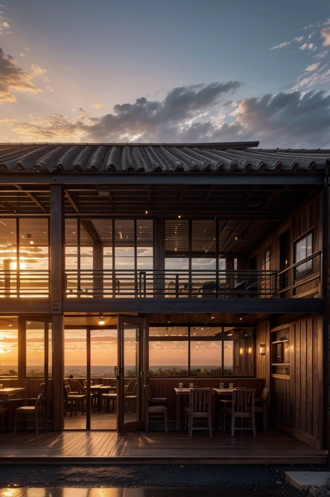 Restaurant with wood and metal texture with landscape to the horizon, dusk and sunset on the farm in high quality with details and high resolution, 8k UHD