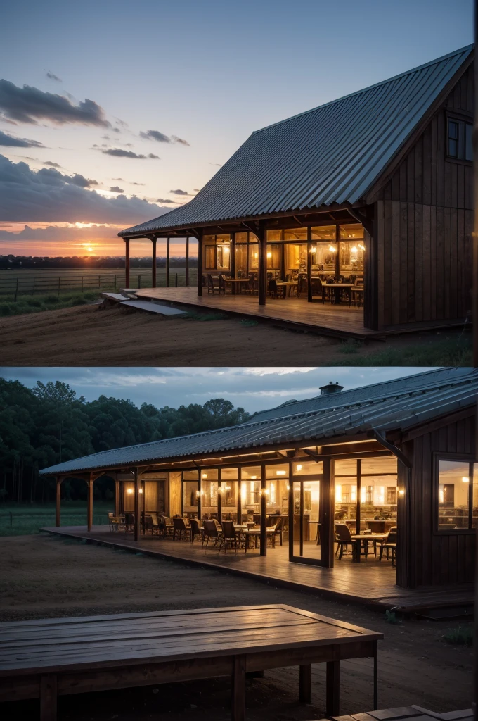Restaurant with wood and metal texture with landscape to the horizon, dusk and sunset on the farm in high quality with details and high resolution, 8k UHD