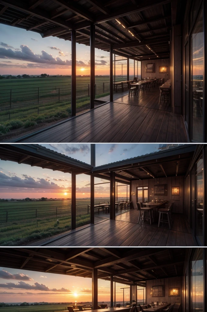 Restaurant with wood and metal texture with landscape to the horizon, dusk and sunset on the farm in high quality with details and high resolution, 8k UHD
