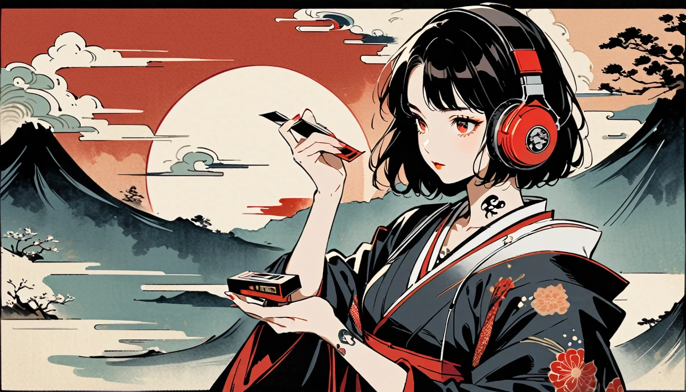 Red eyes, Ink Painting, 1 girl, tattoo, sunglasses, Japanese style headphones, beautiful girl, Black Hair, Holding a cassette tape with both hands, Delicate and precise, Modern ukiyo-e style, Multicolored background