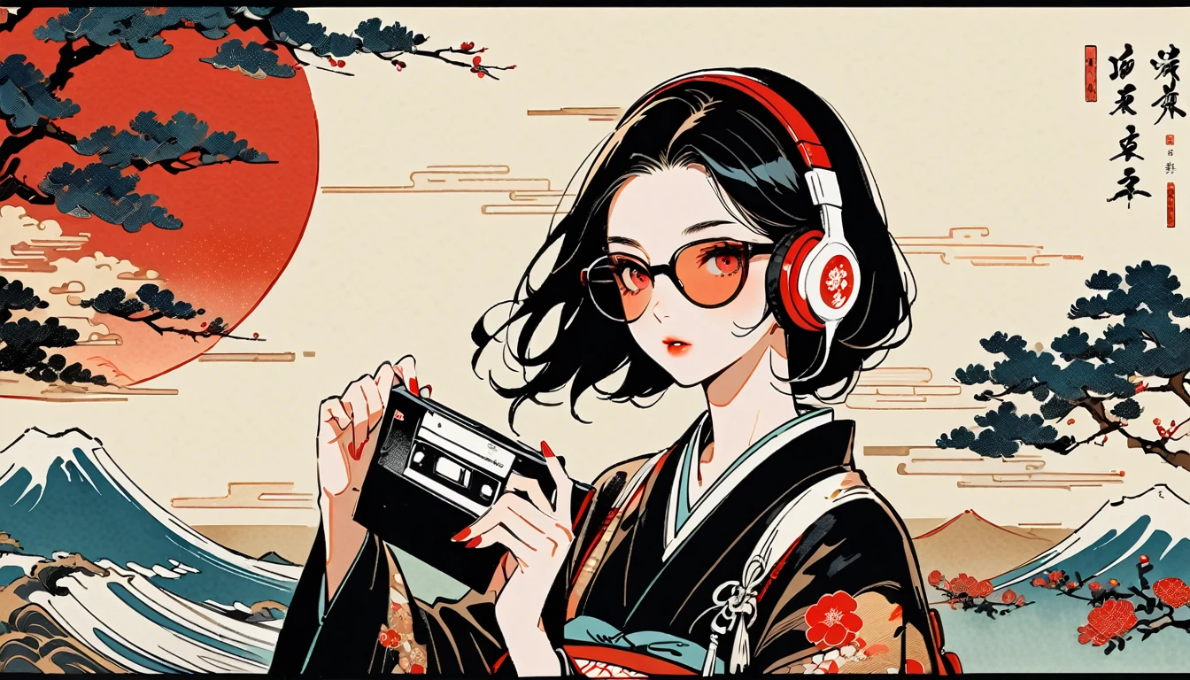 Red eyes, Ink Painting, 1 girl, tattoo, sunglasses, Japanese style headphones, beautiful girl, Black Hair, Holding a cassette tape with both hands, Delicate and precise, Modern ukiyo-e style, Multicolored background