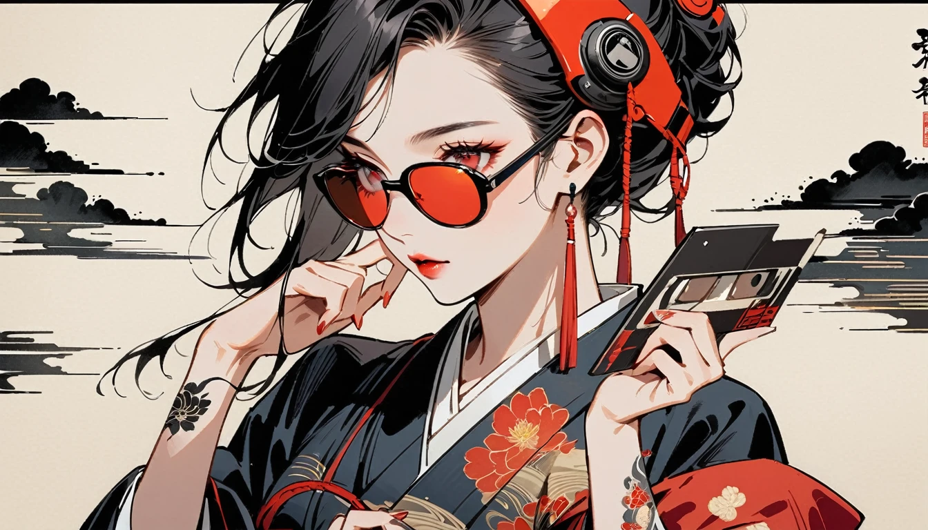 Red eyes, Ink Painting, 1 girl, tattoo, sunglasses, Japanese style headphones, beautiful girl, Black Hair, Holding a cassette tape with both hands, Delicate and precise, Modern ukiyo-e style, Multicolored background